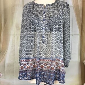 BLACK Note Blue Sheer Boho Long
Sleeved Blouse S